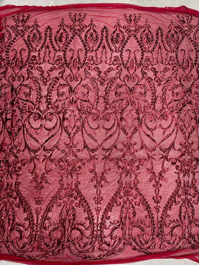 Esmeralda BURGUNDY Sequins on Mesh Lace Fabric by the Yard - 10102