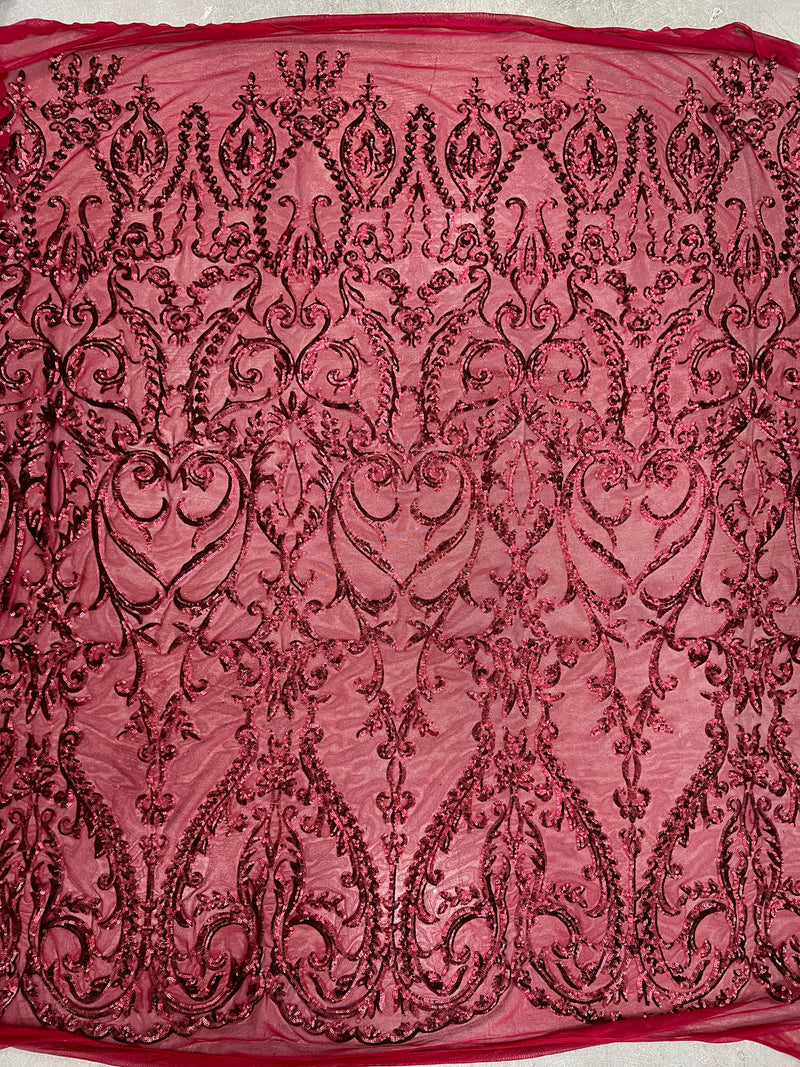 Esmeralda BURGUNDY Sequins on Mesh Lace Fabric by the Yard - 10102