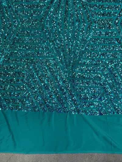 Thea TEAL Geometric Sequins Diamond & Stripes on Poly Spandex Fabric by the Yard - 10026