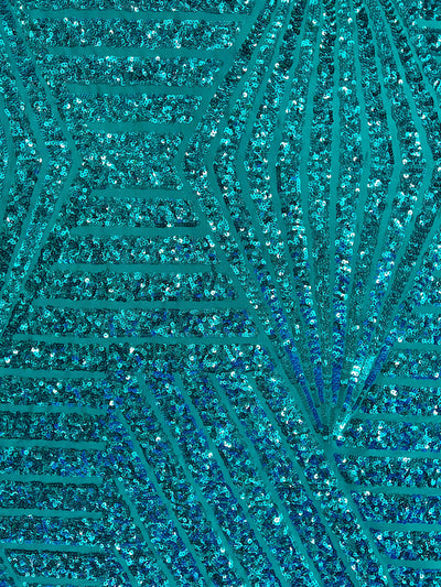 Thea TEAL Geometric Sequins Diamond & Stripes on Poly Spandex Fabric by the Yard - 10026
