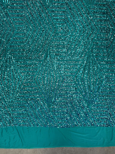 Thea TEAL Geometric Sequins Diamond & Stripes on Poly Spandex Fabric by the Yard - 10026