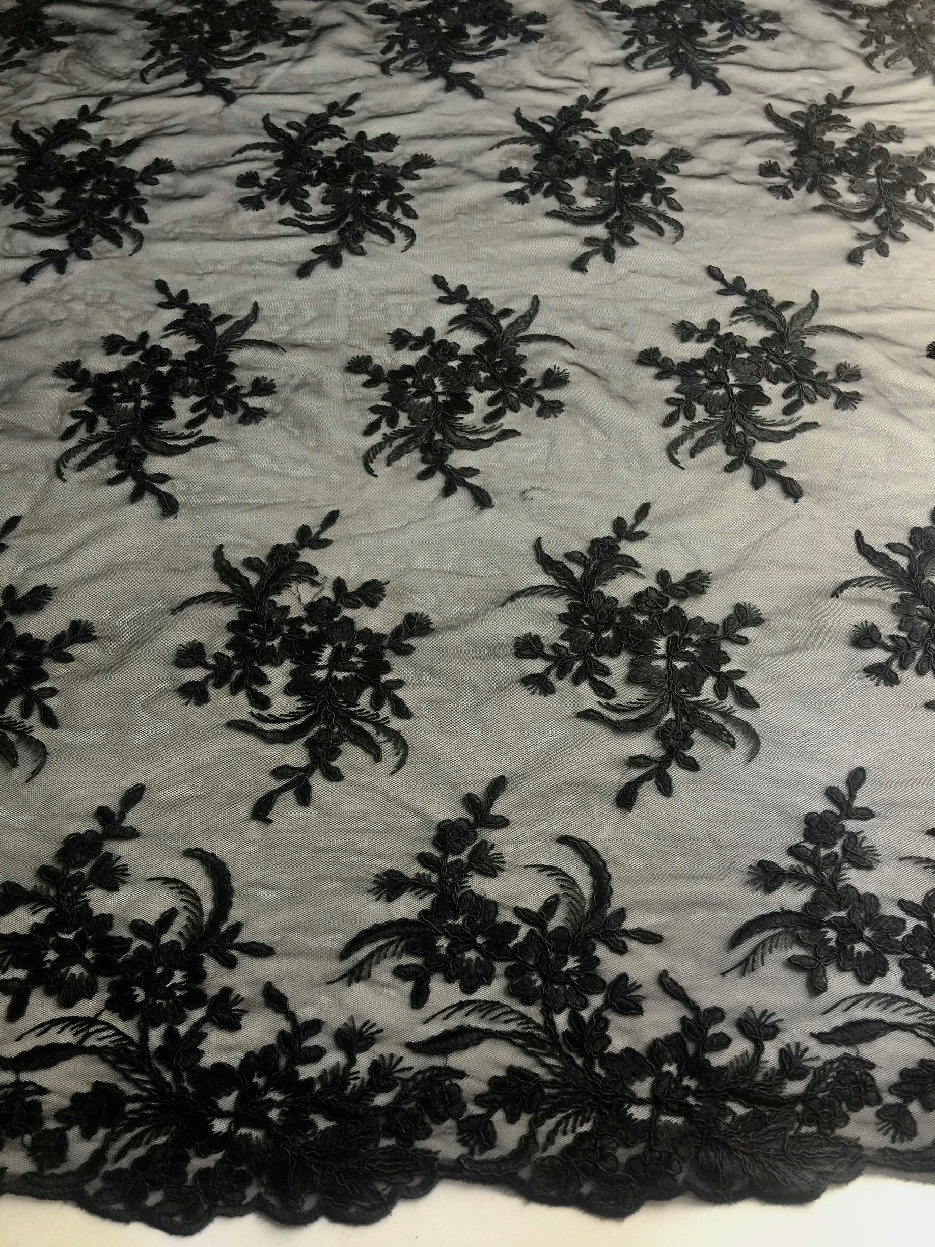 Callie BLACK Polyester Floral Corsage Embroidery on Mesh Lace Fabric by the Yard - 10025