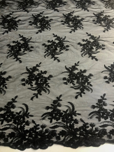 Callie BLACK Polyester Floral Corsage Embroidery on Mesh Lace Fabric by the Yard - 10025