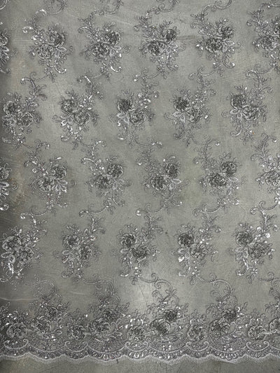 Ryleigh GREY 3D Floral Embroidery with Foil & Sequins on Mesh Lace Fabric by the Yard - 10010