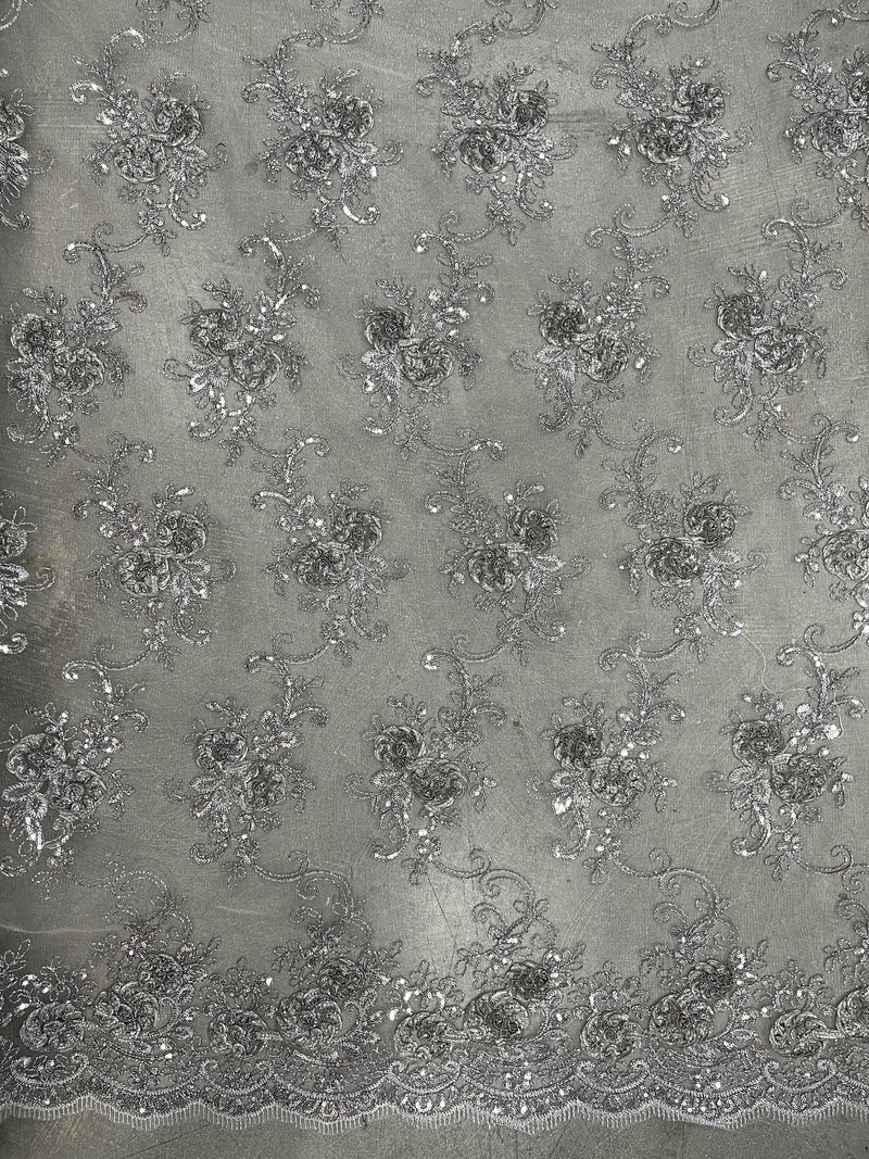 Ryleigh GREY 3D Floral Embroidery with Foil & Sequins on Mesh Lace Fabric by the Yard - 10010