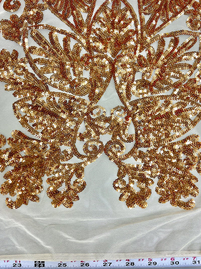 Kara GOLD Hearts and Flowers Sequins on NUDE Mesh Lace Fabric by the Yard - 10148