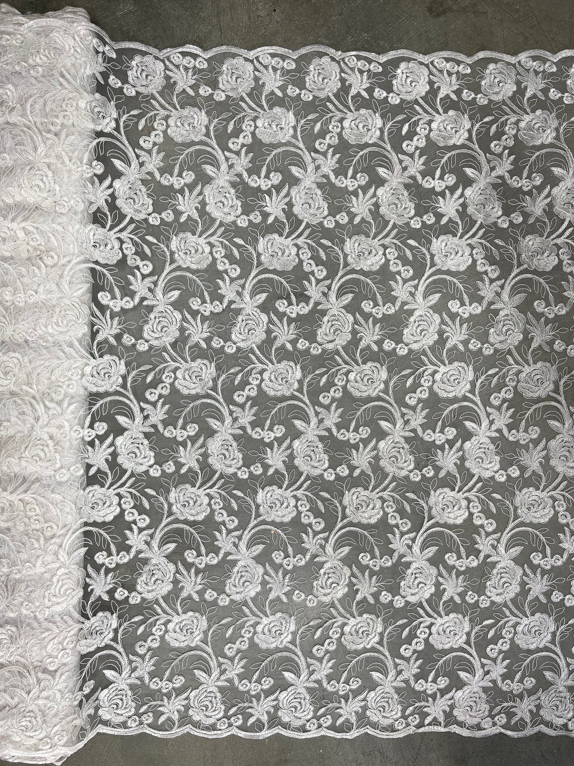 Dakota WHITE Polyester Corded Floral Embroidery on Mesh Lace Fabric by the Yard - 10043