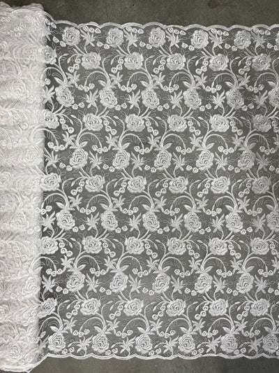 Dakota WHITE Polyester Corded Floral Embroidery on Mesh Lace Fabric by the Yard - 10043