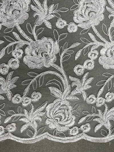 Dakota WHITE Polyester Corded Floral Embroidery on Mesh Lace Fabric by the Yard - 10043