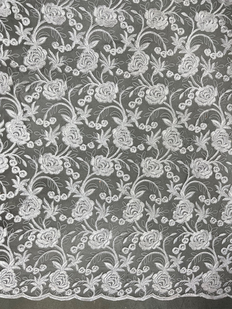 Dakota WHITE Polyester Corded Floral Embroidery on Mesh Lace Fabric by the Yard - 10043