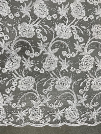 Dakota WHITE Polyester Corded Floral Embroidery on Mesh Lace Fabric by the Yard - 10043