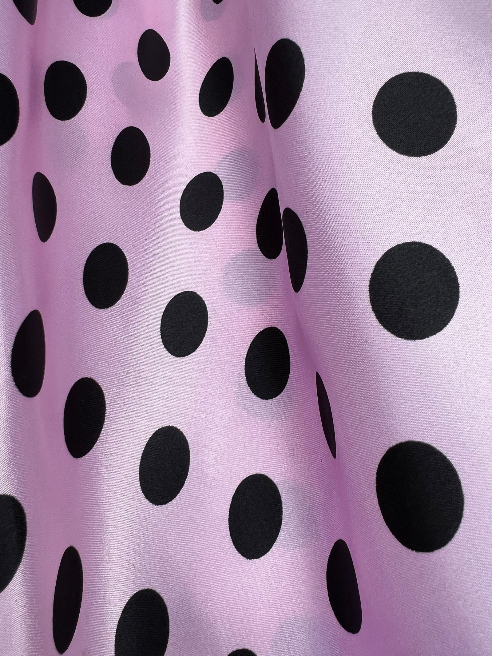 Shelby 0.75" BLACK Polka Dots on BABY PINK Polyester Light Weight Satin Fabric by the Yard - 10070