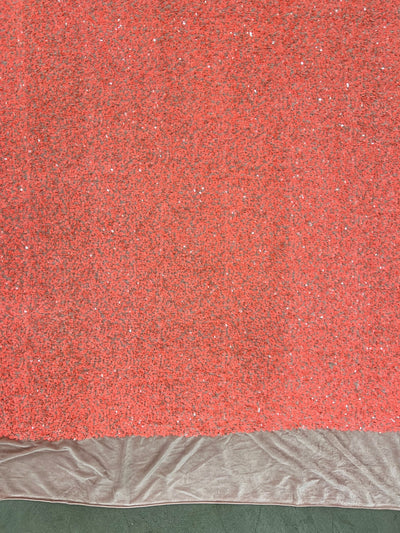 Stephanie CORAL Sequins on OLD ROSE Stretch Velvet Fabric by the Yard for Gowns, Dresses, Tops, Skirts, Costumes, Crafts - 10185
