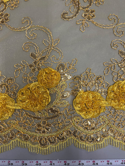 Ryleigh BRIGHT YELLOW 3D Floral Embroidery with Foil & Sequins on Mesh Lace Fabric by the Yard - 10010