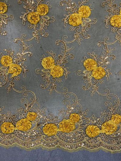 Ryleigh BRIGHT YELLOW 3D Floral Embroidery with Foil & Sequins on Mesh Lace Fabric by the Yard - 10010