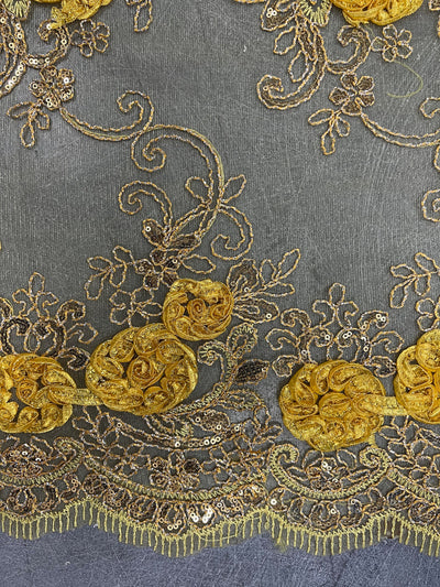 Ryleigh BRIGHT YELLOW 3D Floral Embroidery with Foil & Sequins on Mesh Lace Fabric by the Yard - 10010