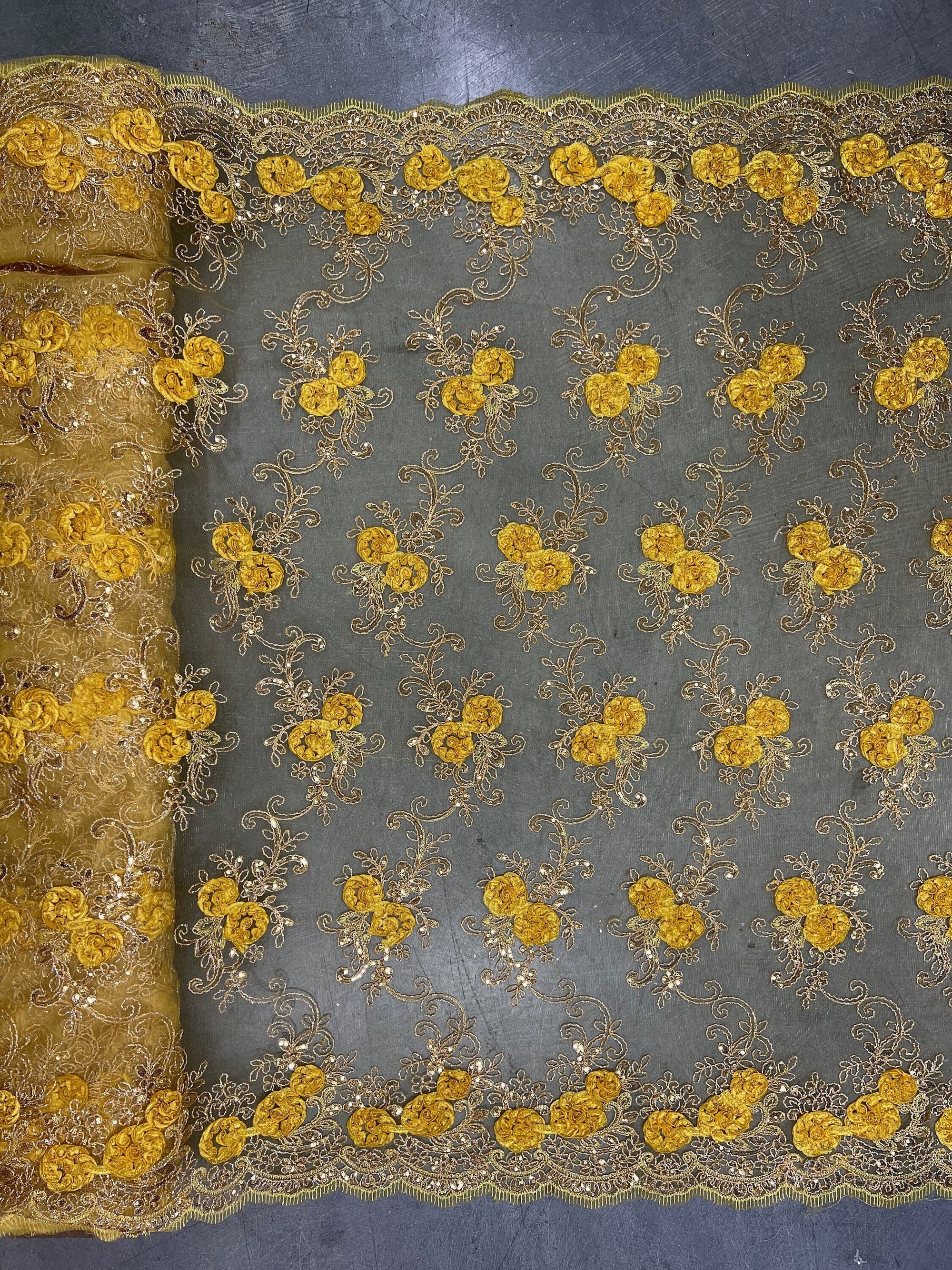 Ryleigh BRIGHT YELLOW 3D Floral Embroidery with Foil & Sequins on Mesh Lace Fabric by the Yard - 10010
