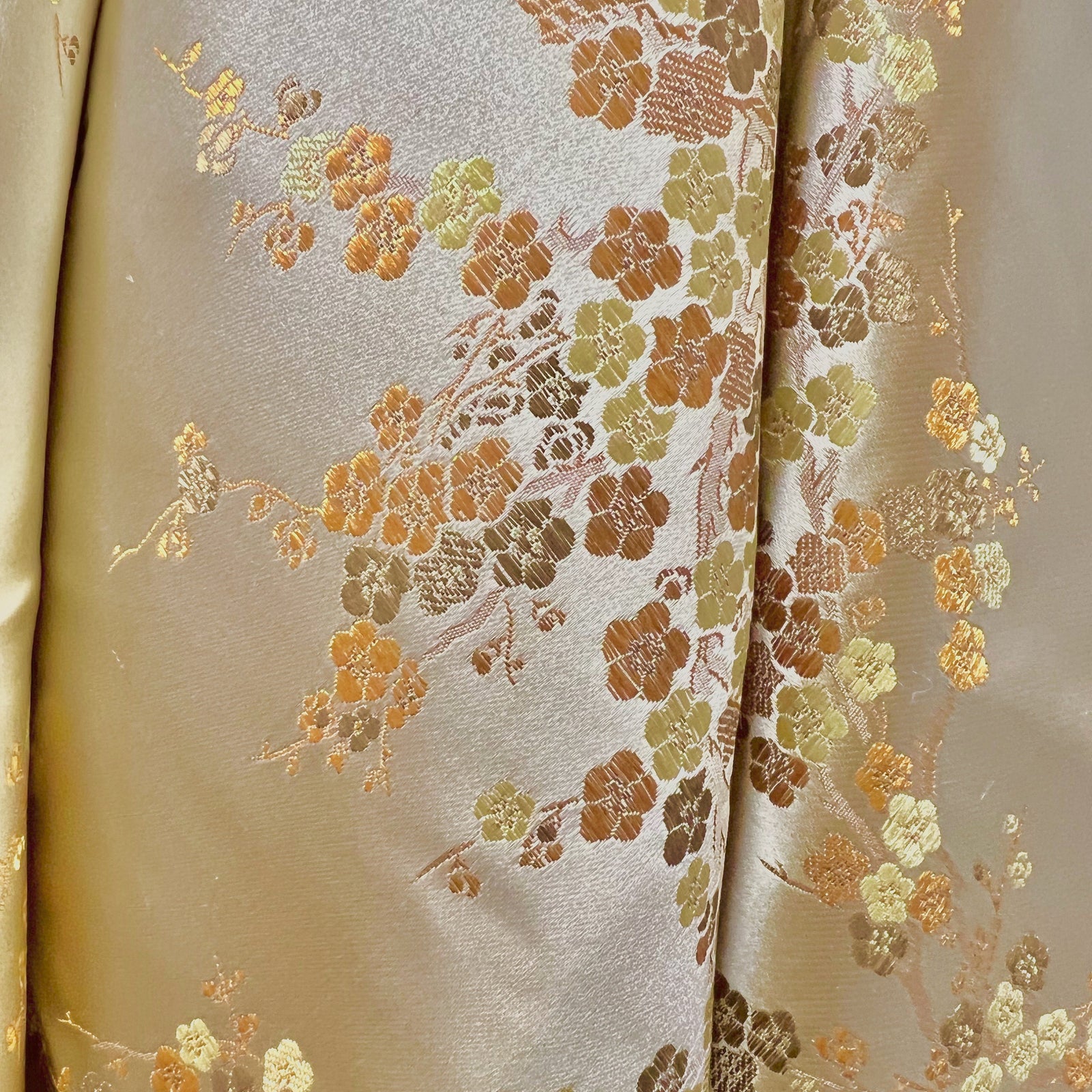 Kori GOLD BROWN Plum Blossom Floral Brocade Chinese Satin Fabric for Cheongsam/Qipao, Apparel, Costumes, Upholstery, Bags, Crafts - 10210