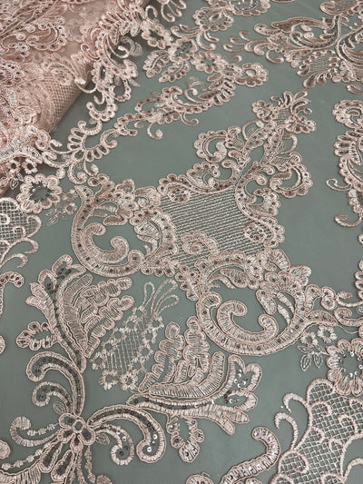 Vivian BLUSH PINK Polyester Embroidery with Sequins on Mesh Lace Fabric by the Yard for Gown, Wedding, Bridesmaid, Prom - 10003
