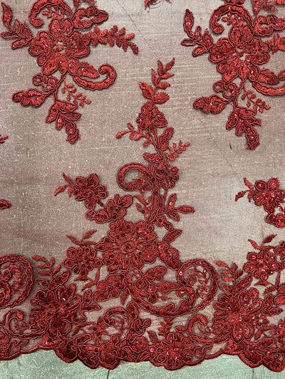 Tess BURGUNDY Polyester Floral Embroidery with Sequins on Mesh Lace Fabric by the Yard - 10216