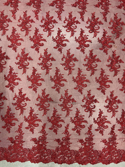 Tess BURGUNDY Polyester Floral Embroidery with Sequins on Mesh Lace Fabric by the Yard - 10216