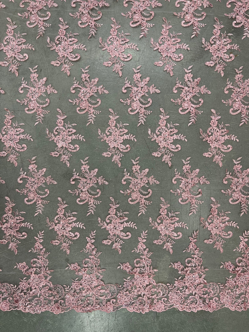 Tess PINK Polyester Floral Embroidery with Sequins on Mesh Lace Fabric by the Yard - 10216