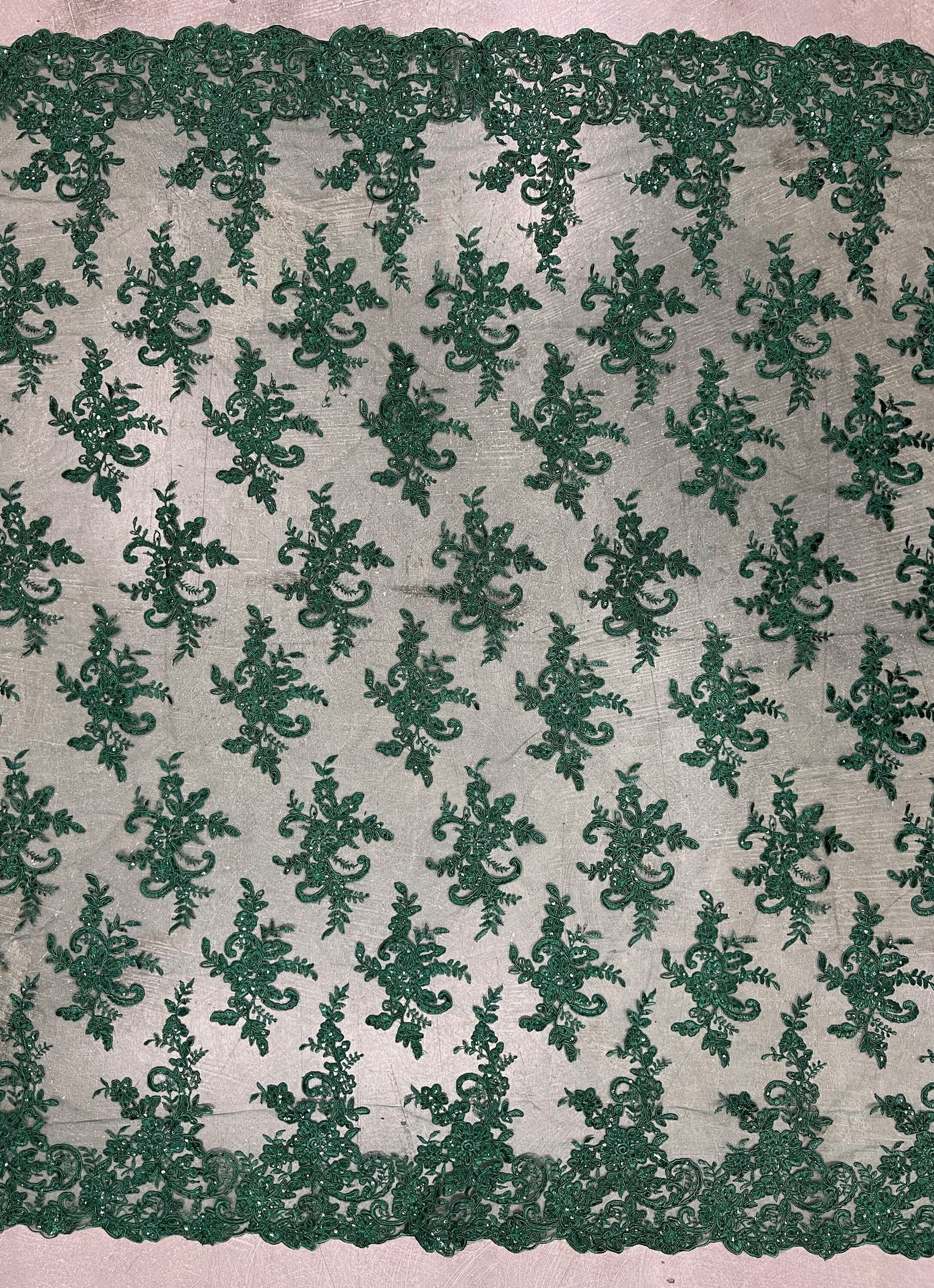 Tess HUNTER GREEN Polyester Floral Embroidery with Sequins on Mesh Lace Fabric by the Yard - 10216