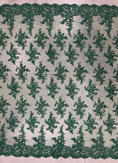 Tess HUNTER GREEN Polyester Floral Embroidery with Sequins on Mesh Lace Fabric by the Yard - 10216