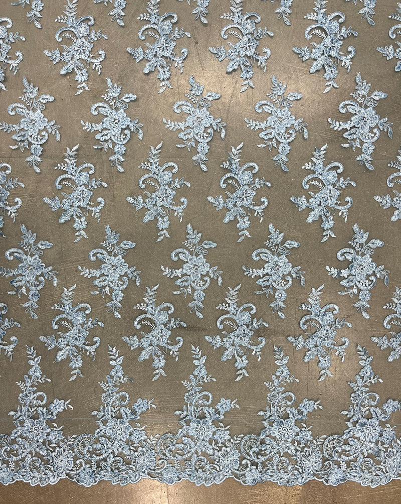 Tess LIGHT BLUE Polyester Floral Embroidery with Sequins on Mesh Lace Fabric by the Yard - 10216