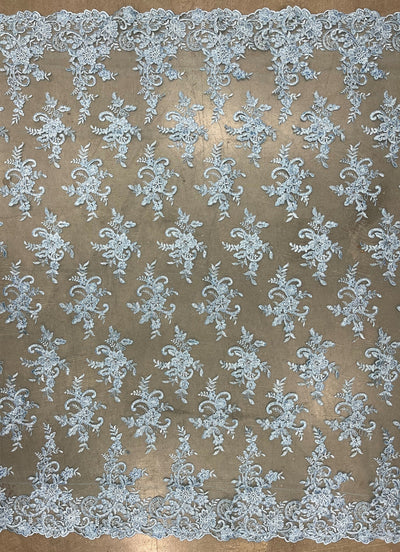 Tess LIGHT BLUE Polyester Floral Embroidery with Sequins on Mesh Lace Fabric by the Yard - 10216