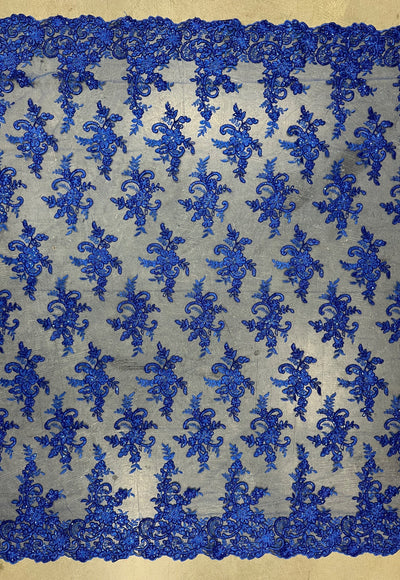 Tess ROYAL BLUE Polyester Floral Embroidery with Sequins on Mesh Lace Fabric by the Yard - 10216