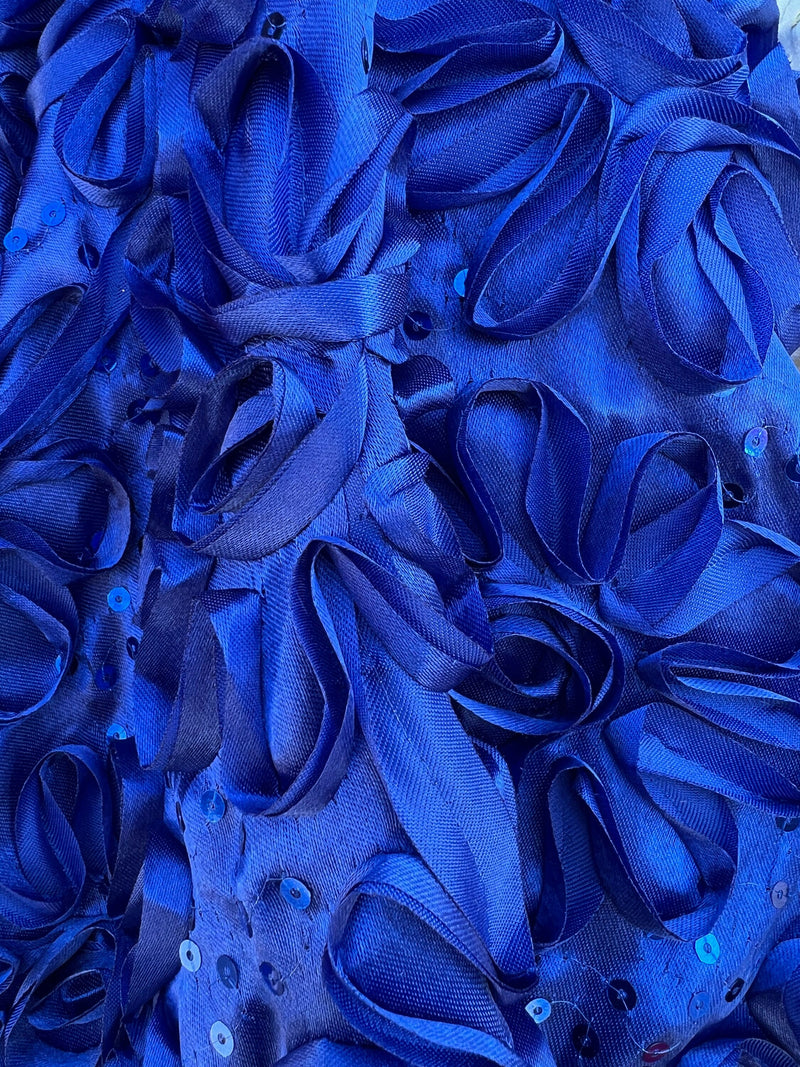 Allie ROYAL BLUE 3D Floral Polyester Satin Rosette with Sequins Fabric by the Yard - 10051