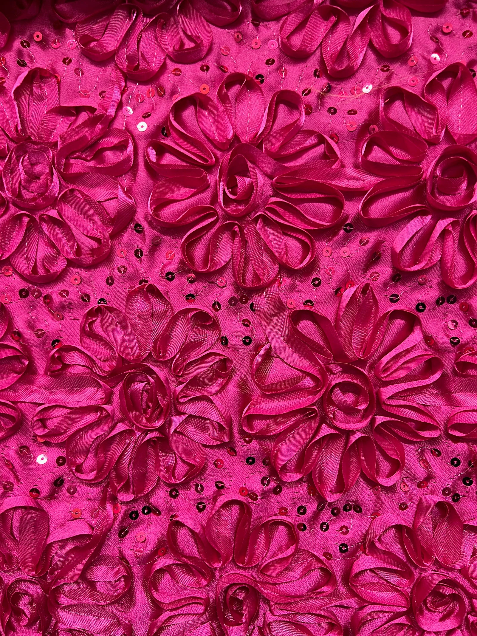 Allie HOT PINK 3D Floral Polyester Satin Rosette with Sequins Fabric by the Yard - 10051