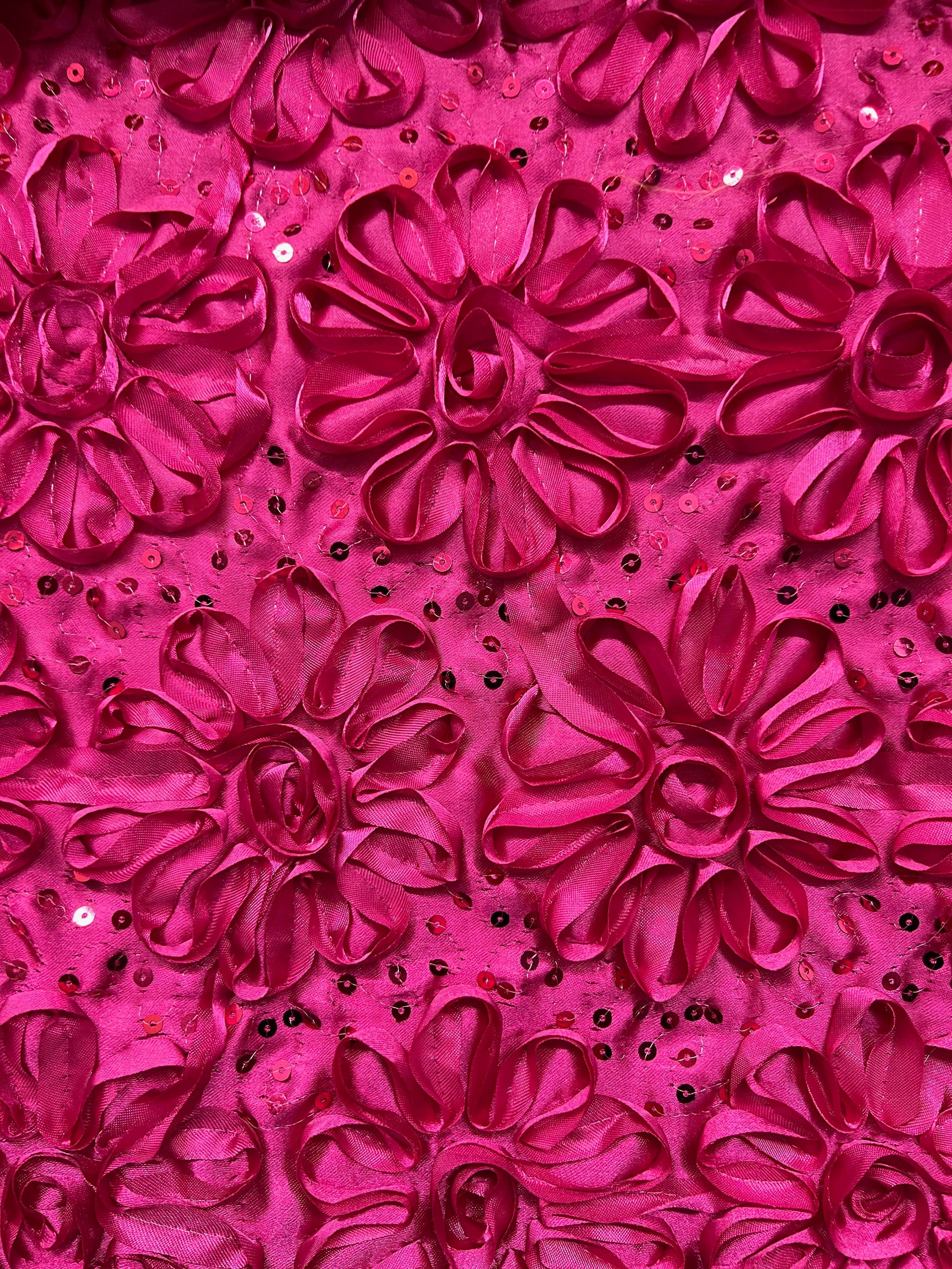 Allie HOT PINK 3D Floral Polyester Satin Rosette with Sequins Fabric by the Yard - 10051