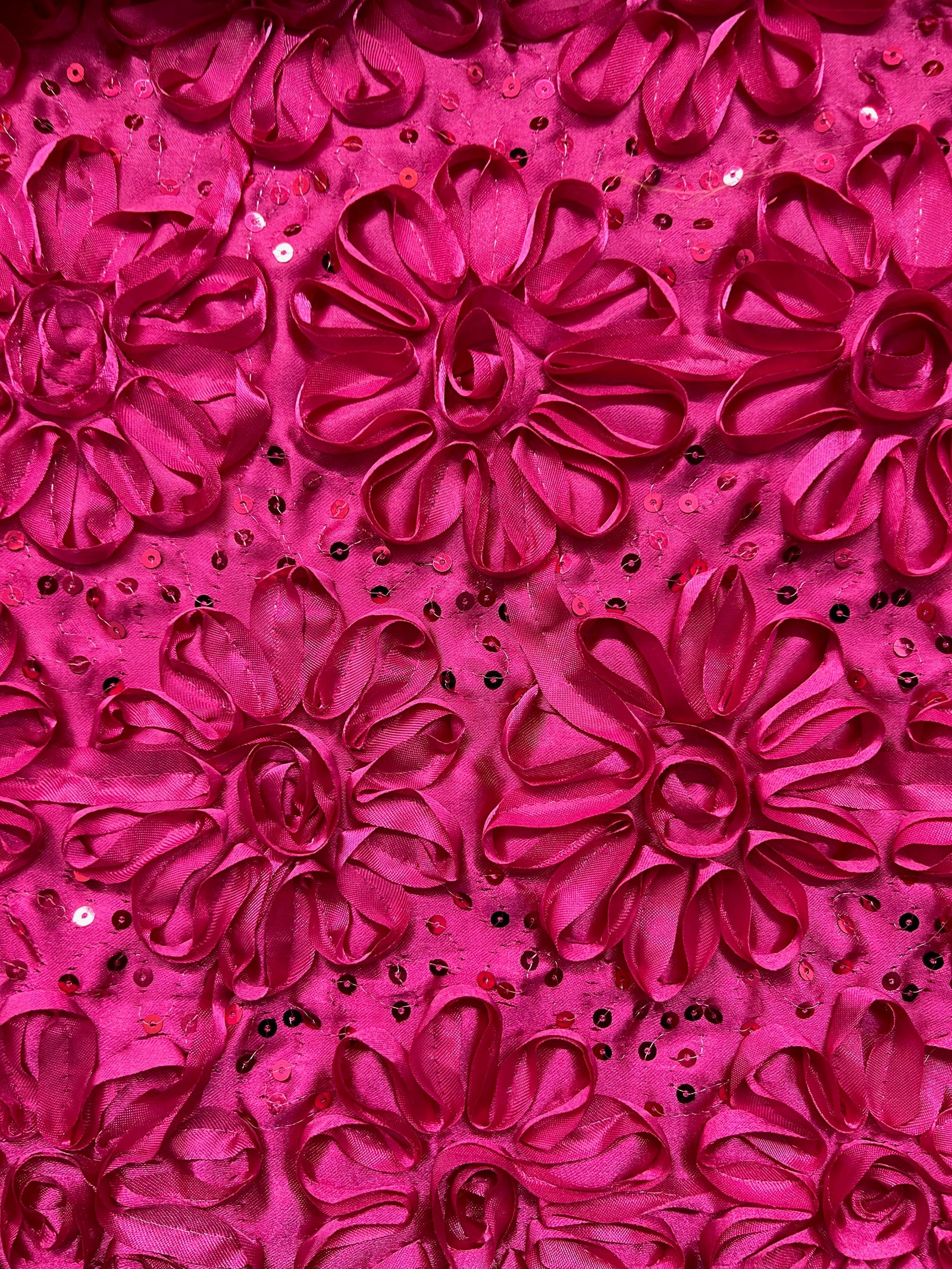 Allie HOT PINK 3D Floral Polyester Satin Rosette with Sequins Fabric by the Yard - 10051