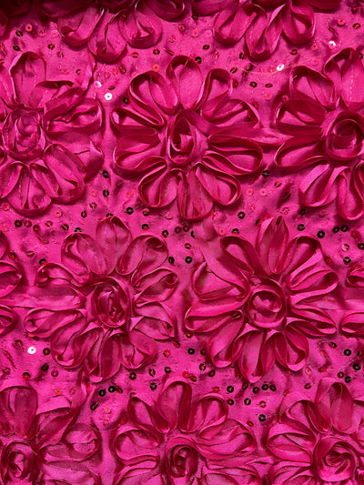 Allie HOT PINK 3D Floral Polyester Satin Rosette with Sequins Fabric by the Yard - 10051