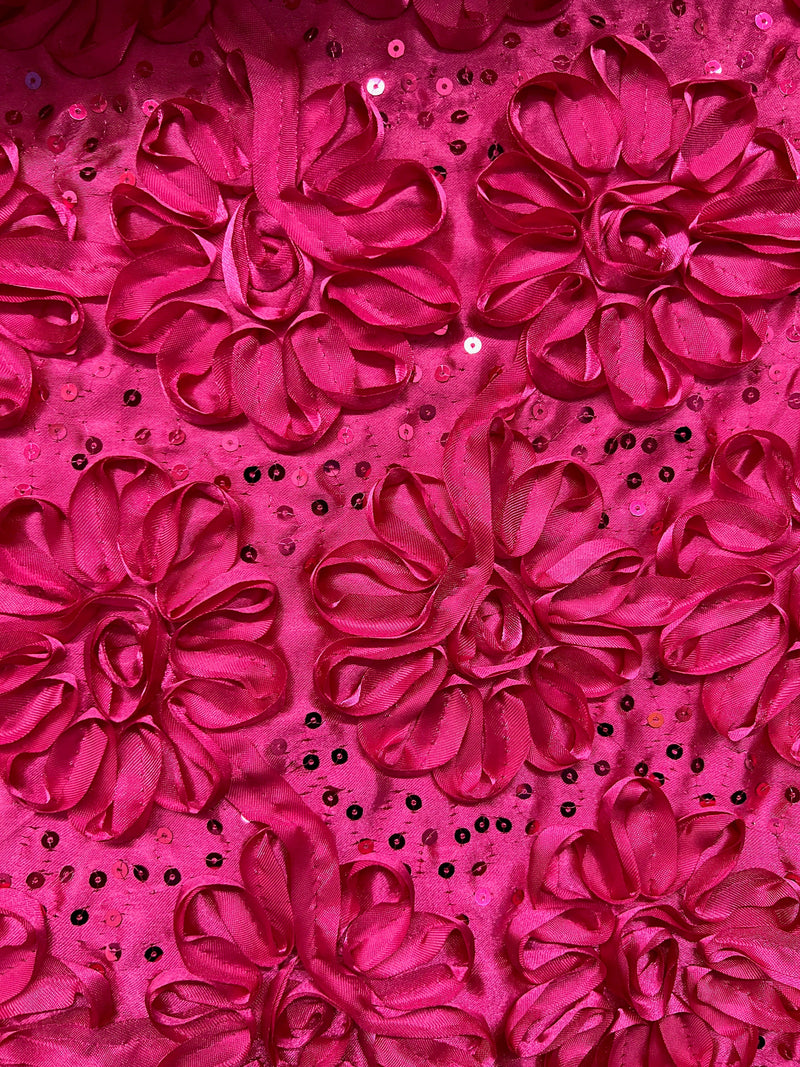 Allie HOT PINK 3D Floral Polyester Satin Rosette with Sequins Fabric by the Yard - 10051