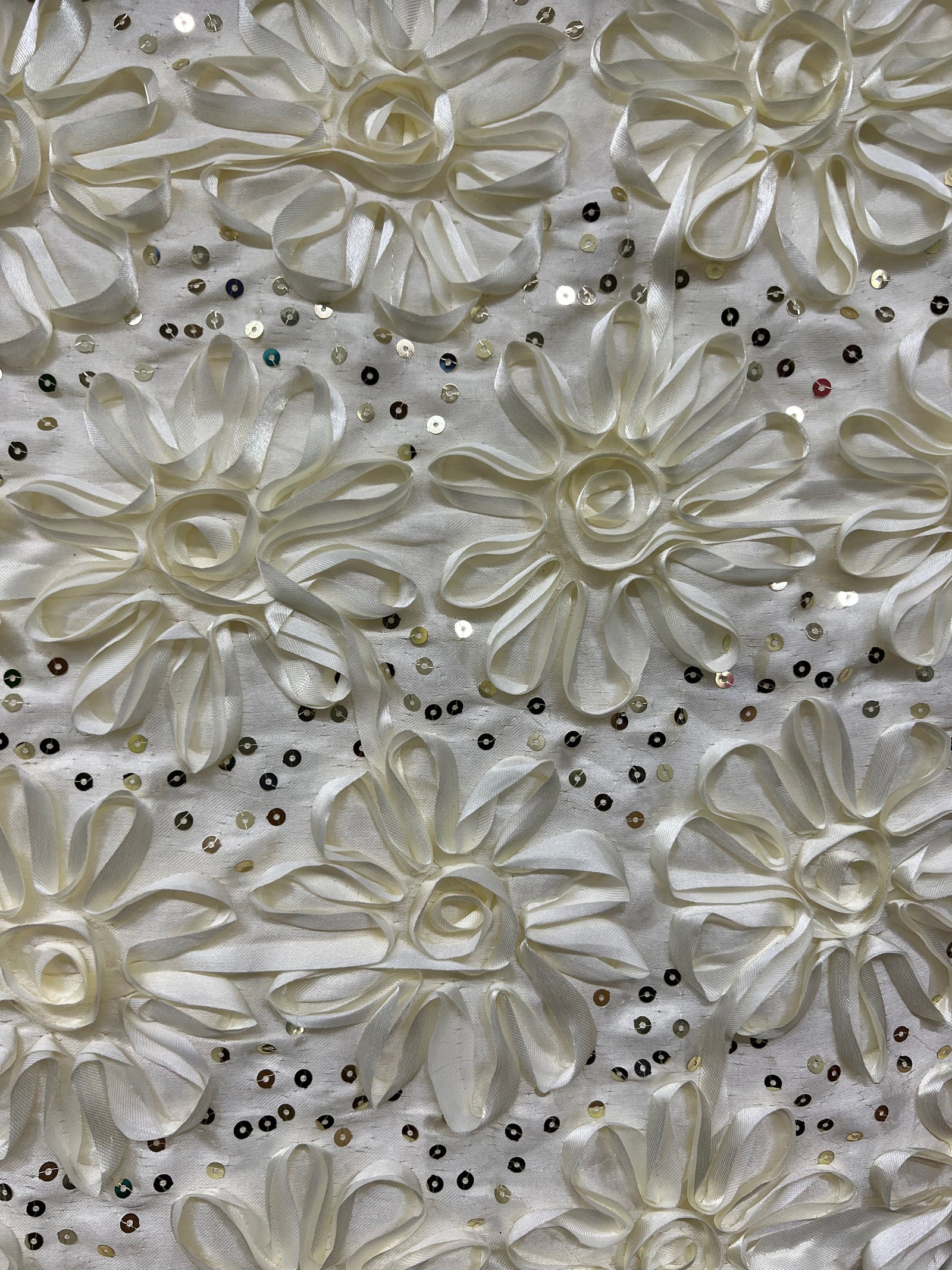 Allie IVORY 3D Floral Polyester Satin Rosette with Sequins Fabric by the Yard - 10051