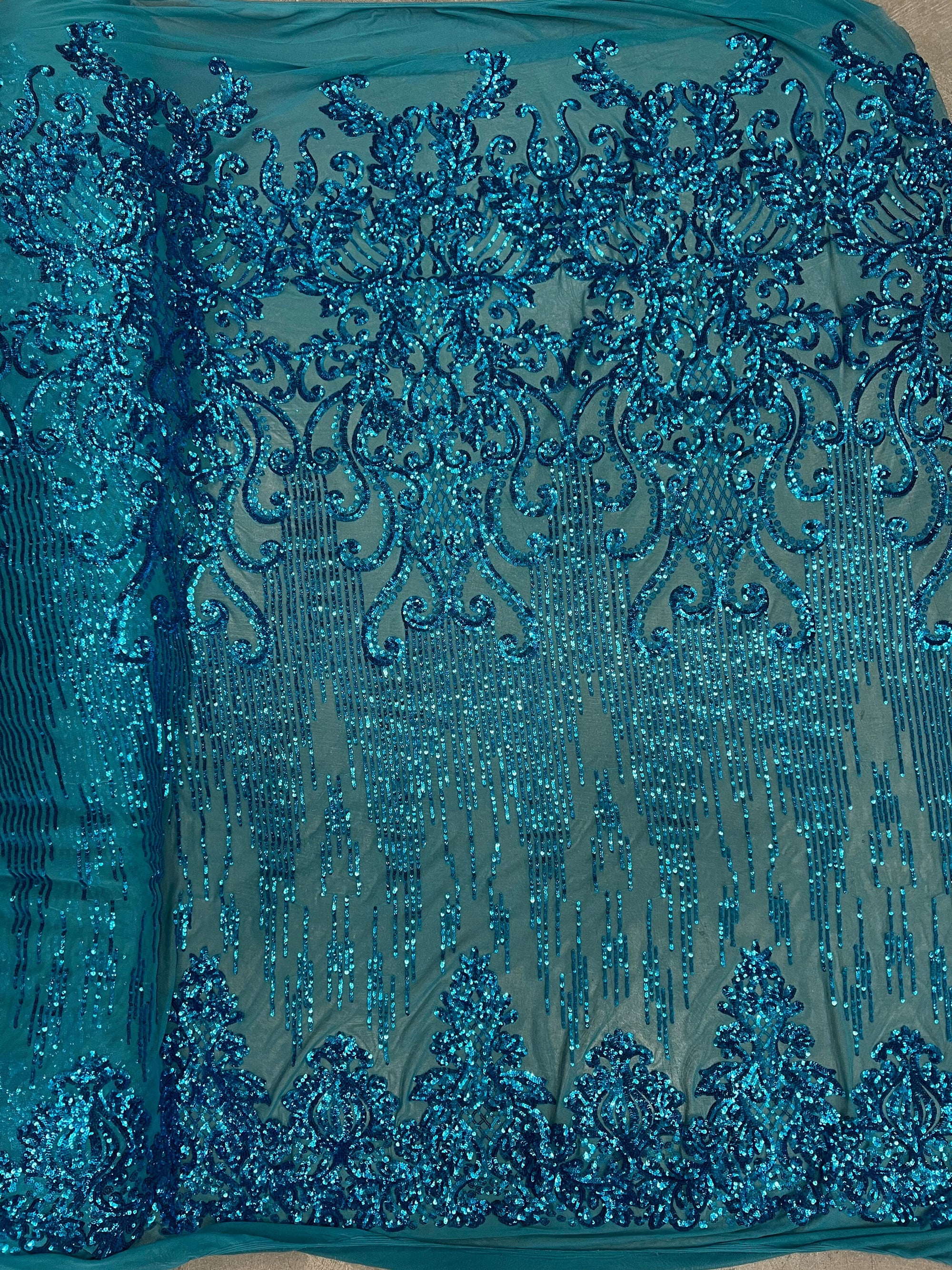 Angelica DARK TURQUOISE Curlicues and Leaves Sequins on Mesh Lace Fabric by the Yard - 10132