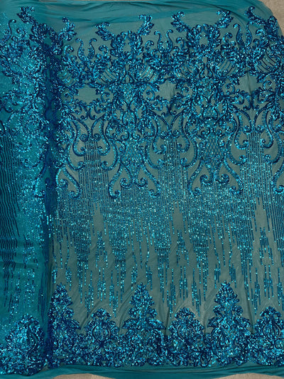Angelica DARK TURQUOISE Curlicues and Leaves Sequins on Mesh Lace Fabric by the Yard - 10132