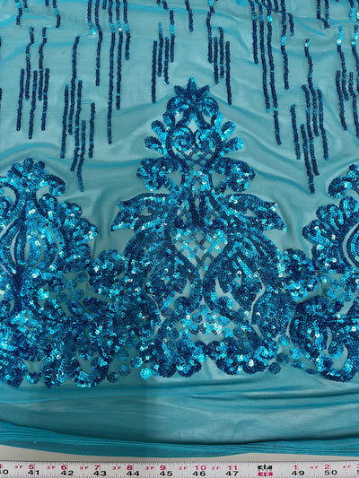 Angelica DARK TURQUOISE Curlicues and Leaves Sequins on Mesh Lace Fabric by the Yard - 10132