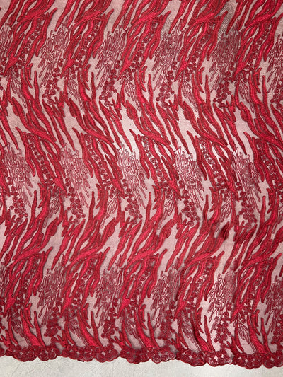 Katelyn BURGUNDY Vines and Swirls Corded Embroidery on Mesh Fabric by the Yard - 10045