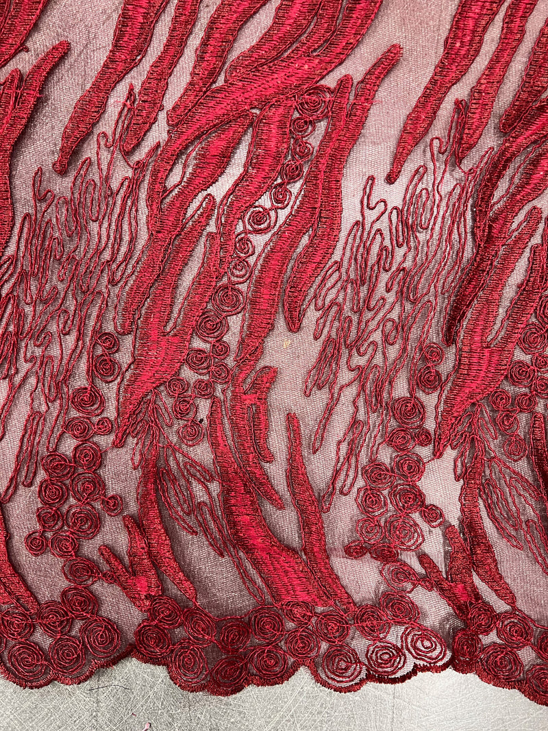 Katelyn BURGUNDY Vines and Swirls Corded Embroidery on Mesh Fabric by the Yard - 10045