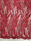 Katelyn BURGUNDY Vines and Swirls Corded Embroidery on Mesh Fabric by the Yard - 10045