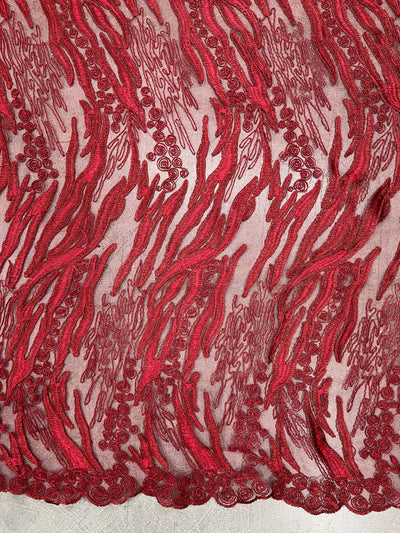 Katelyn BURGUNDY Vines and Swirls Corded Embroidery on Mesh Fabric by the Yard - 10045