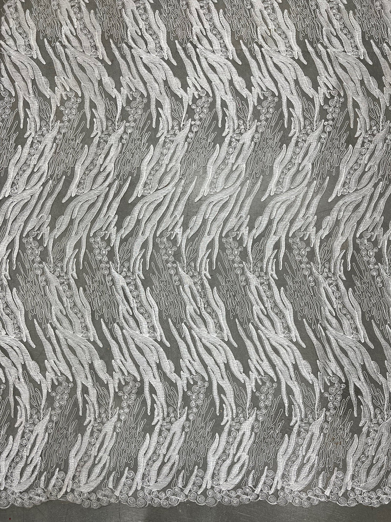 Katelyn WHITE Vines and Swirls Corded Embroidery on Mesh Fabric by the Yard - 10045