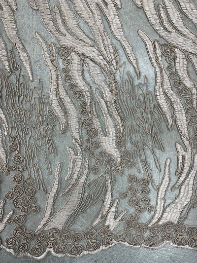 Katelyn TAUPE Vines and Swirls Corded Embroidery on Mesh Fabric by the Yard - 10045