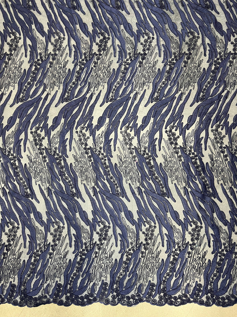 Katelyn NAVY BLUE Vines and Swirls Corded Embroidery on Mesh Fabric by the Yard - 10045
