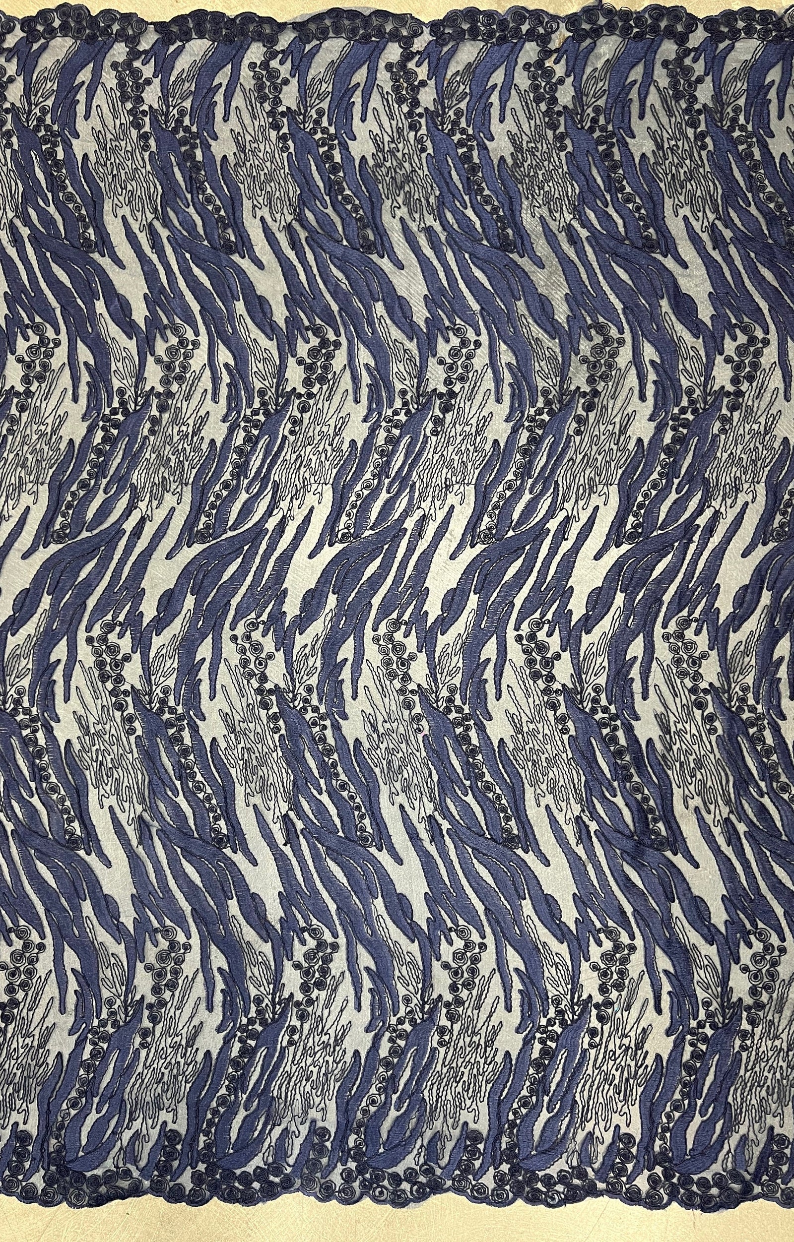 Katelyn NAVY BLUE Vines and Swirls Corded Embroidery on Mesh Fabric by the Yard - 10045