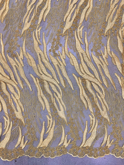 Katelyn GOLD Vines and Swirls Corded Embroidery on Mesh Fabric by the Yard - 10045